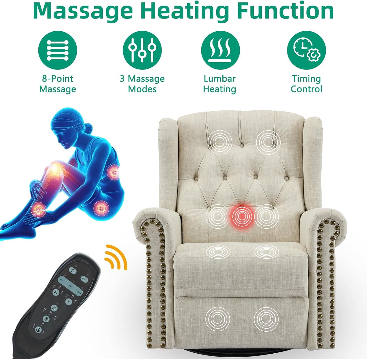 VIVIJASON Power Swivel Rocking Recliner Chair with Massage & Heat, Electric Rocker Glider Chair for Nursery, Wingback Tufted Upholstered Recliner W/Type-C & USB Ports for Living Room, Bedroom, Beige