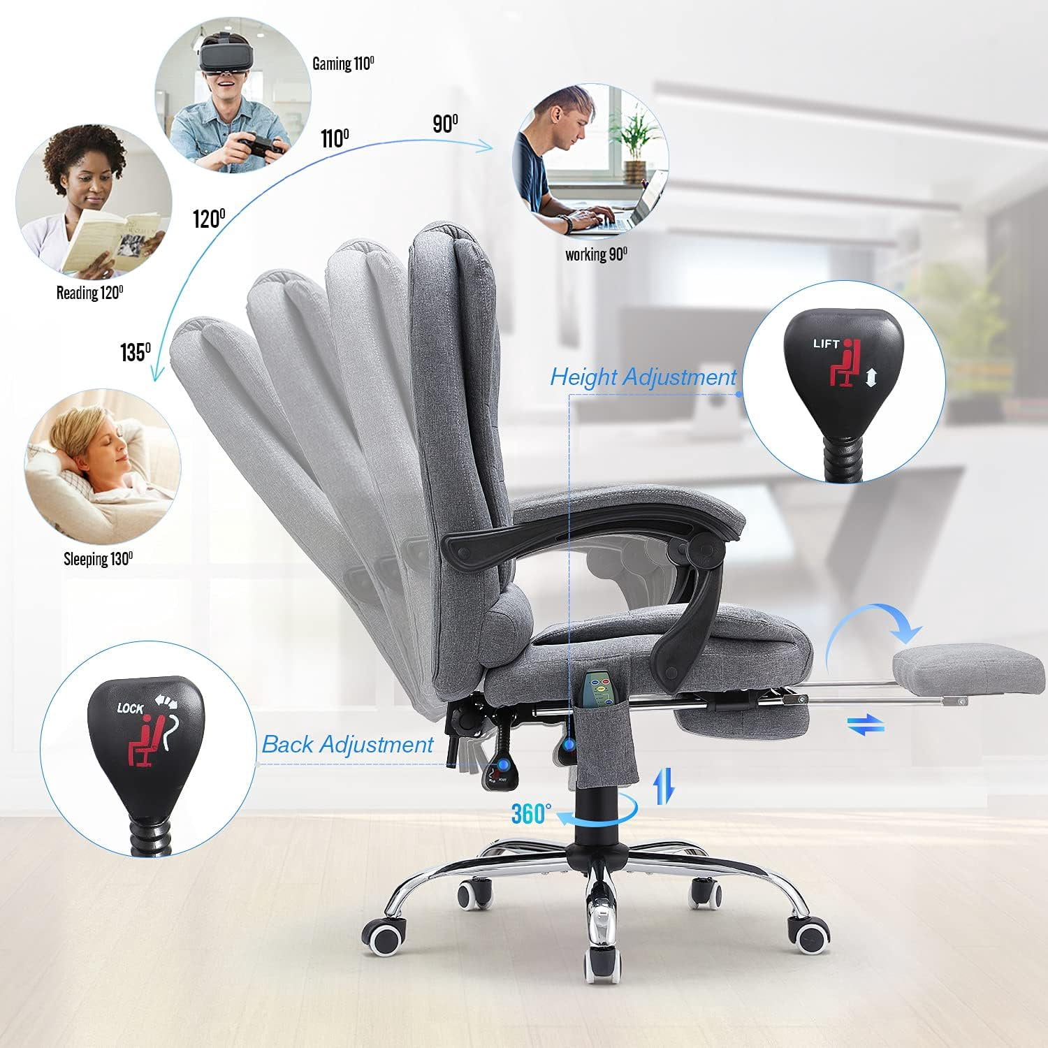 AECOJOY Ergonomic Office Chair with Heat &7 Points Massage High Back Desk Chair w/Retractable Footrest, Executive Swivel Fabric Reclining Chair for Office, Home, Study, Grey