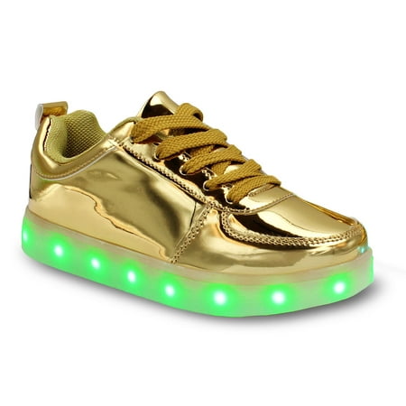 Family Smiles LED Light Up Sneakers Kids Low Top USB Charging Boys Girls Unisex Lace Up Shoes Gold