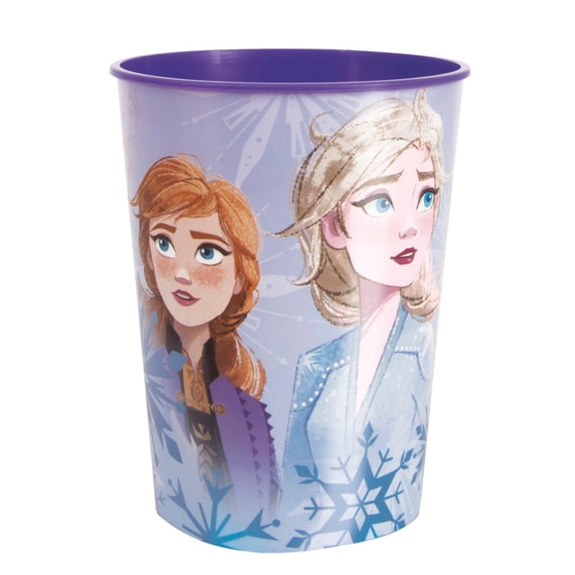 Purple plastic cup decorated with animated female characters in winter attire and blue snowflakes.