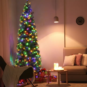 7.5ft Pre-Lit Pencil Christmas Tree, Hinged Artificial Slim Tree with 350 LED Warm & Multi-Color Lights, 10 Flash Modes, 1090 PVC Branch Tips, Life-Like Xmas Tree for Indoor Home Office Decor