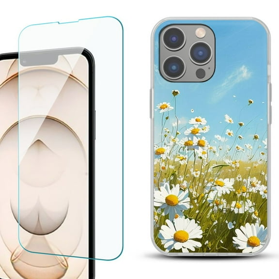 OneToughShield ® for iPhone 15 Pro Max Shockproof Fashion Phone Case, with Tempered Glass Screen Protector - Daisy Field