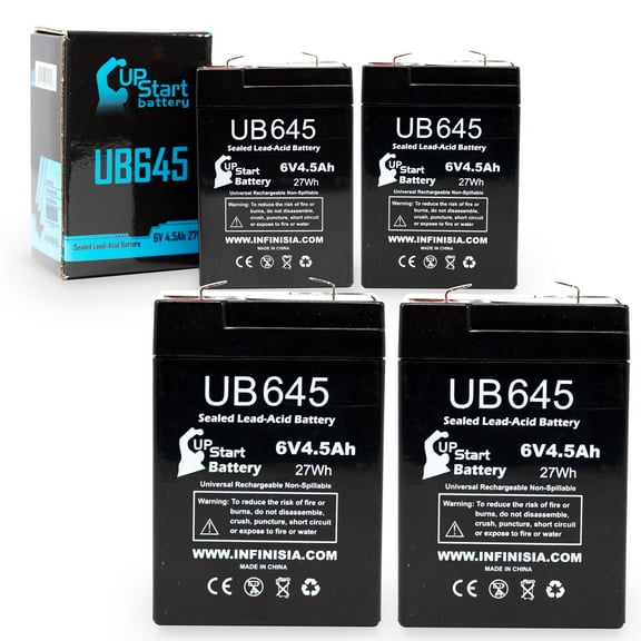 4x Pack - Compatible Sola A5064 Battery - Replacement UB645 Universal Sealed Lead Acid Battery (6V, 4.5Ah, 4500mAh, F1 Terminal, AGM, SLA) - Includes 8 F1 to F2 Terminal Adapters