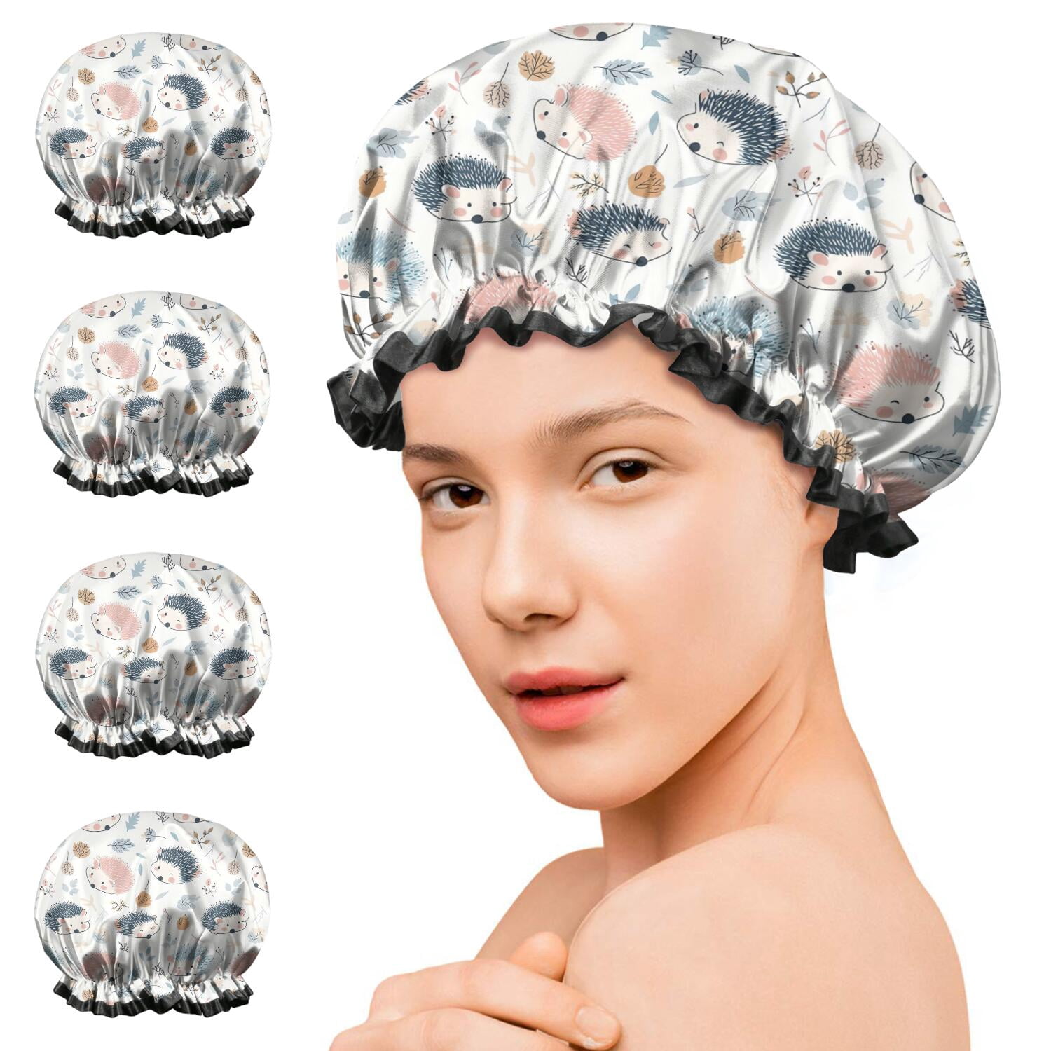 Shower Caps,Cute Hedgehog Pattern Waterproof Shower Cap for Women 4 Pieces,Double Reusable Hair Cover for Shower PEVA Elastic Stretch Hem