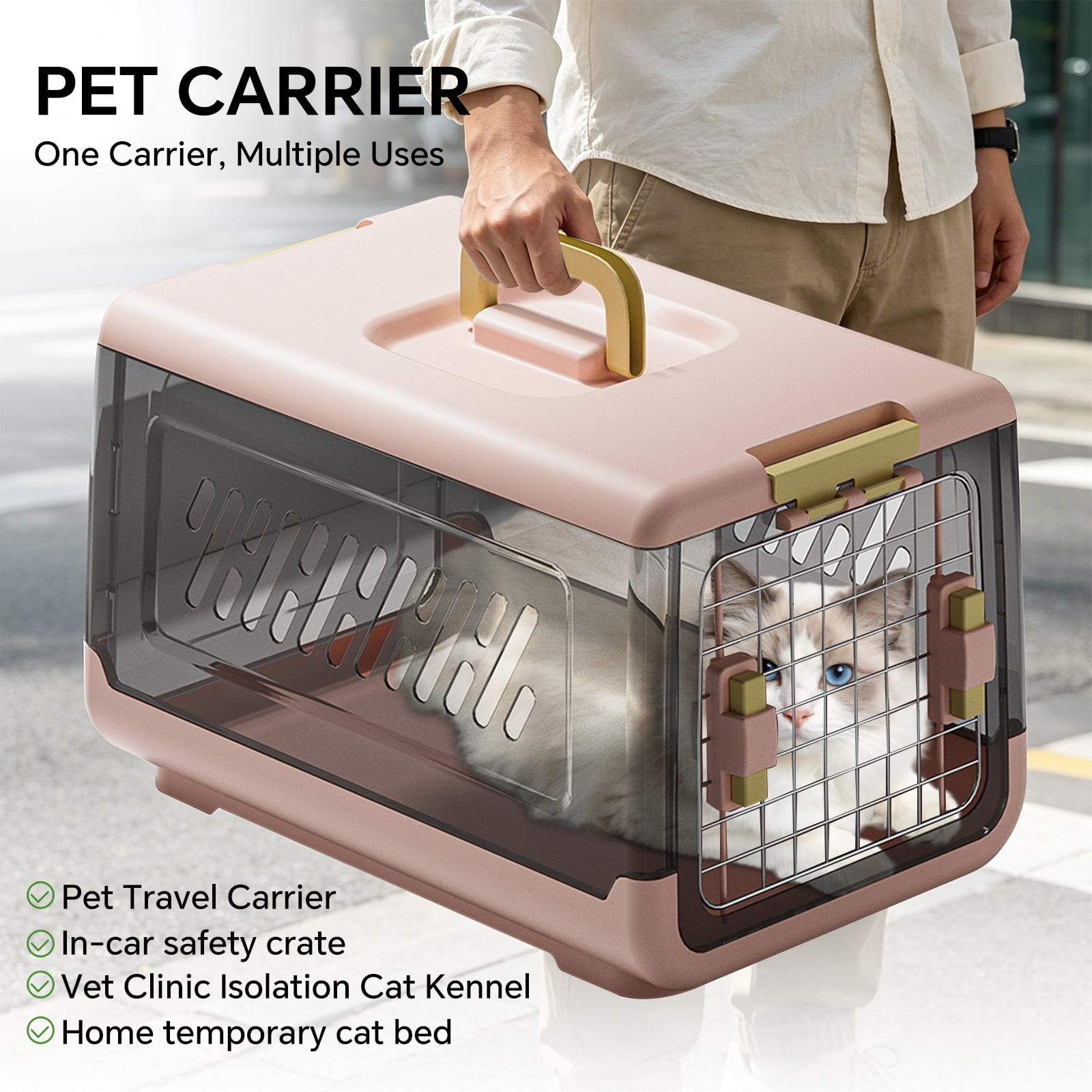 Pet Cat Carrier, Kennel Crate Airline Kitty Travel Cage Plastic Lightweight and Safe to Carry for Puppy Bunny Cats, Pink, 50*32*31.5cm