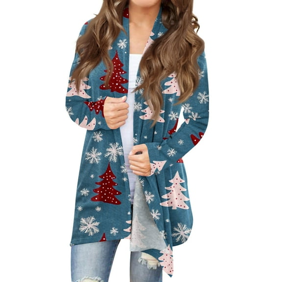 Women's Fashionable Loose-Fit Casual Cardigan with Christmas Print Mid-Length Coat for Holiday Outfits and Comfortable Wear,Light Blue,3XL