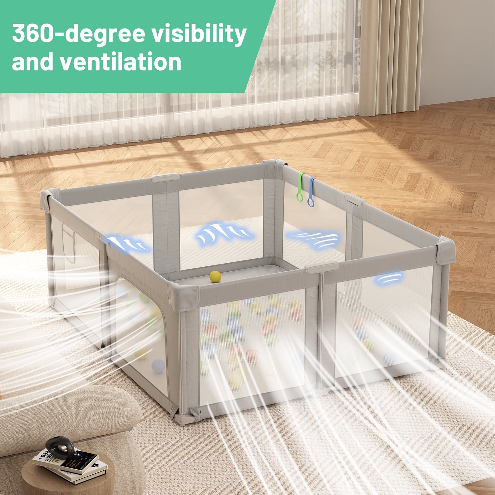 73“×61” Baby Playpen with Mat, Extra Large Baby PlayYards,Child Play Yard with Breathable Mesh for Indoor&Outdoor, Light Gray