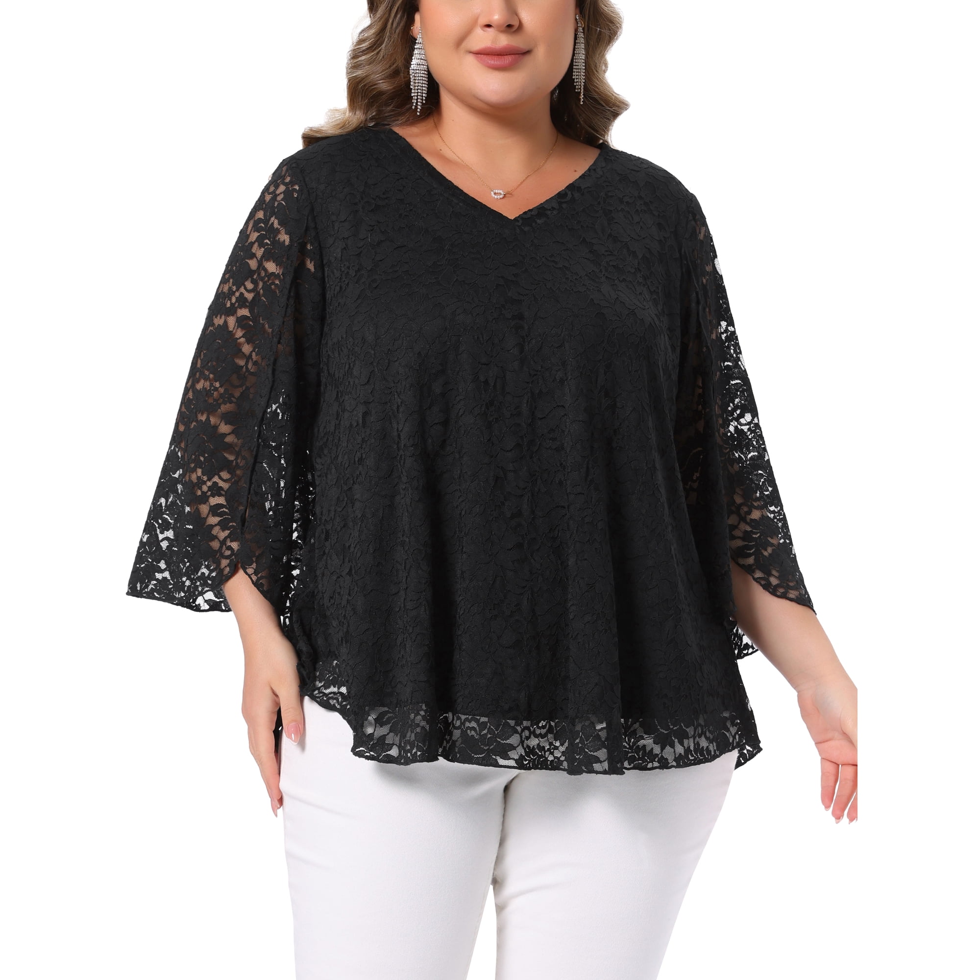 Agnes Orinda Women's Plus Size Halloween Outfits Lace Top V-Neck 3/4 Bell Sleeve Double Layers Flowy Dressy Tunics Blouse 1X Black
