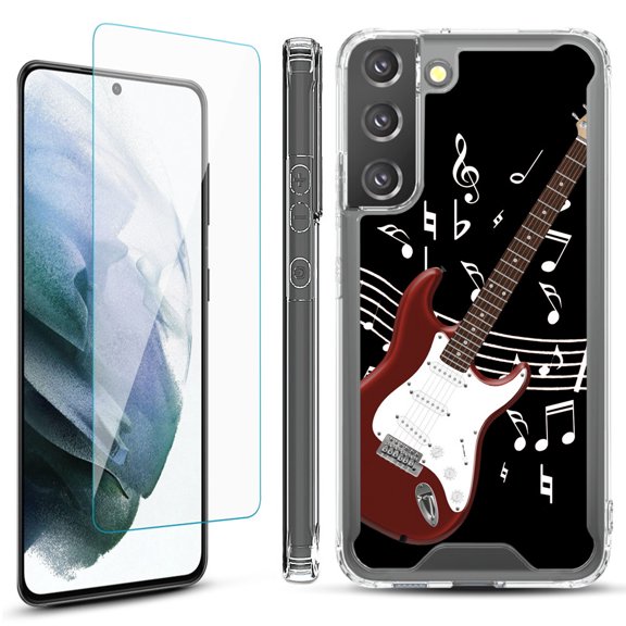 Shockproof Bumper Phone Case for Samsung Galaxy S22  / S22 Plus 5G, with Tempered Glass Screen Protector, by OneToughShield ® - Guitar Red