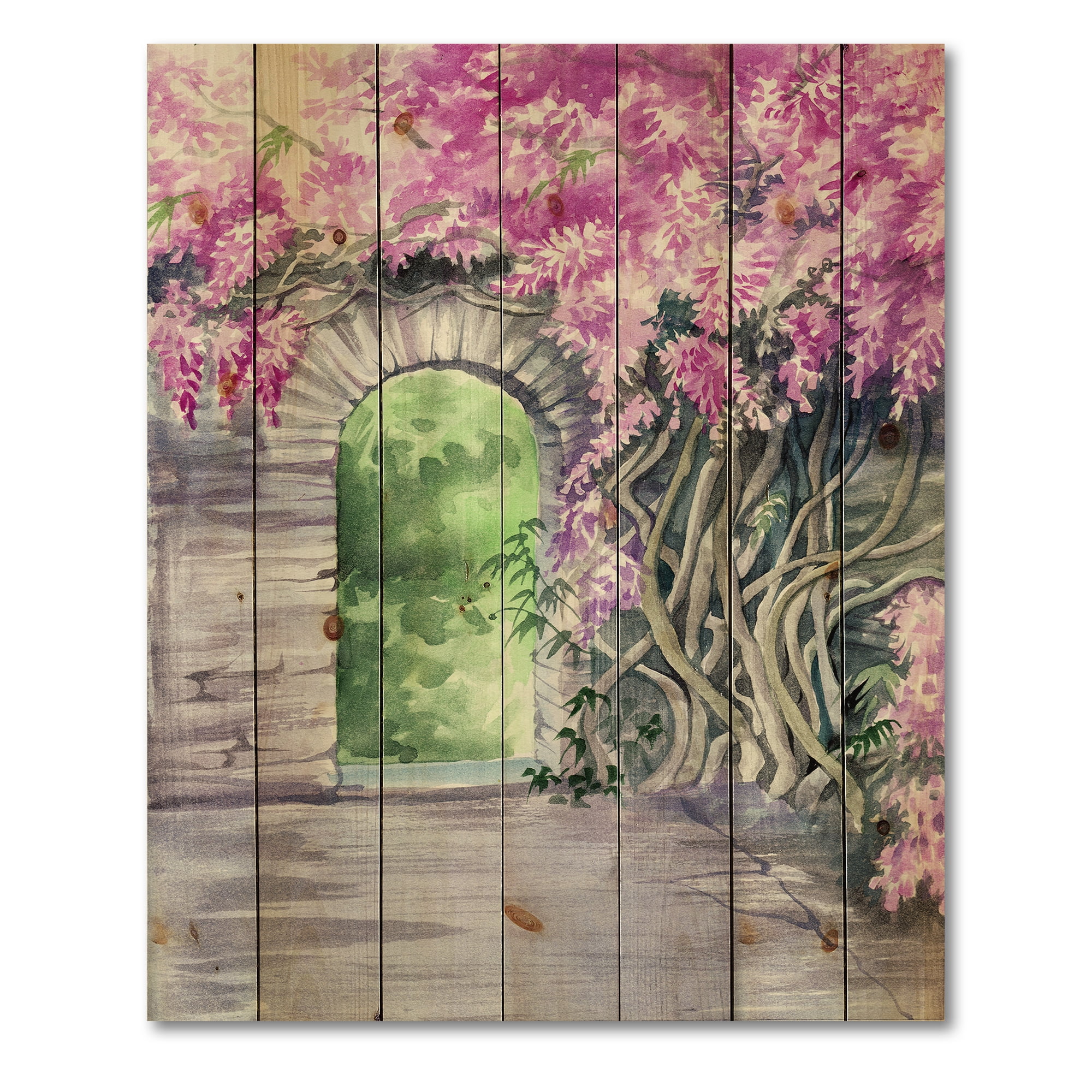 Designart 'Blossoming Purple Wisteria Garden Over The Wall' Traditional Print on Natural Pine Wood