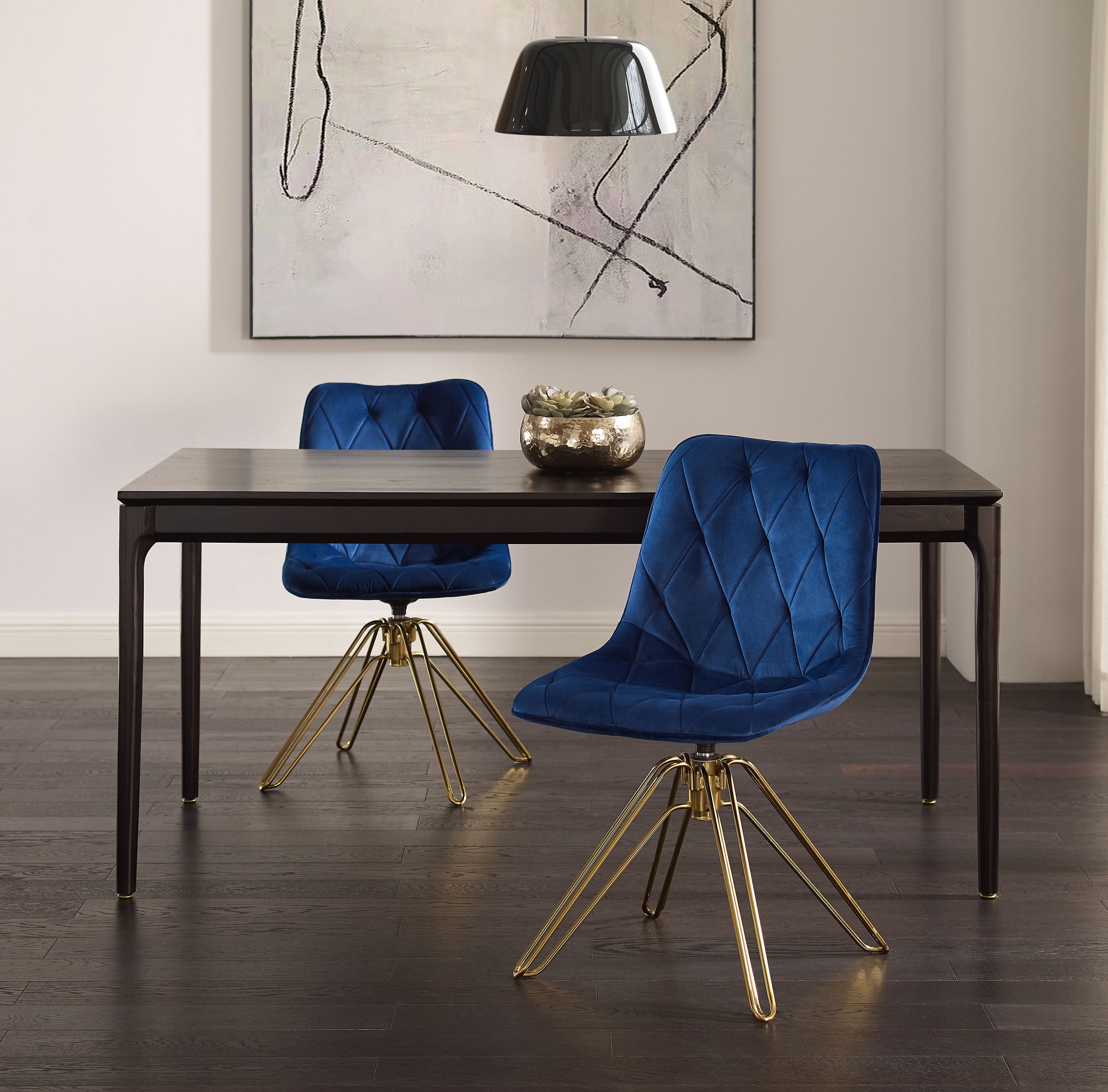 Art Leon Dining Chairs Set of 2, Upholstered Velvet Kitchen Chair with Armrest, Dark Blue