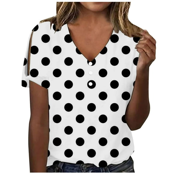 fartey Casual Shirts for Women Button Polka Dot Print Loose Fit Tshirts Summer V Neck Hollow out Short Sleeve Vacation Blouse