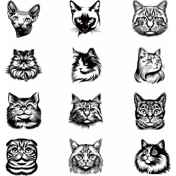 12PCS Cat Head Iron on Transfer Paper Cats Animals DIY Heat Transfer Sticker Applique Washable Iron-on Decals for T Shirts DTF Transfers Ready to Press for Clothing Peaked Cap Bag Jackets