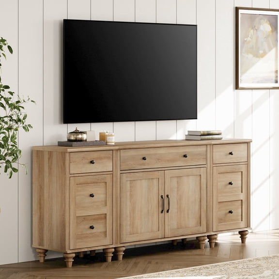 WAMPAT Farmhouse TV Stand for 75 Inch TVs, 3-in-1 Wooden TV Console with Storage Cabinet & Charging Station, Modern Entertainment Center & Kitchen Buffet Sideboard for Living Room, Oak