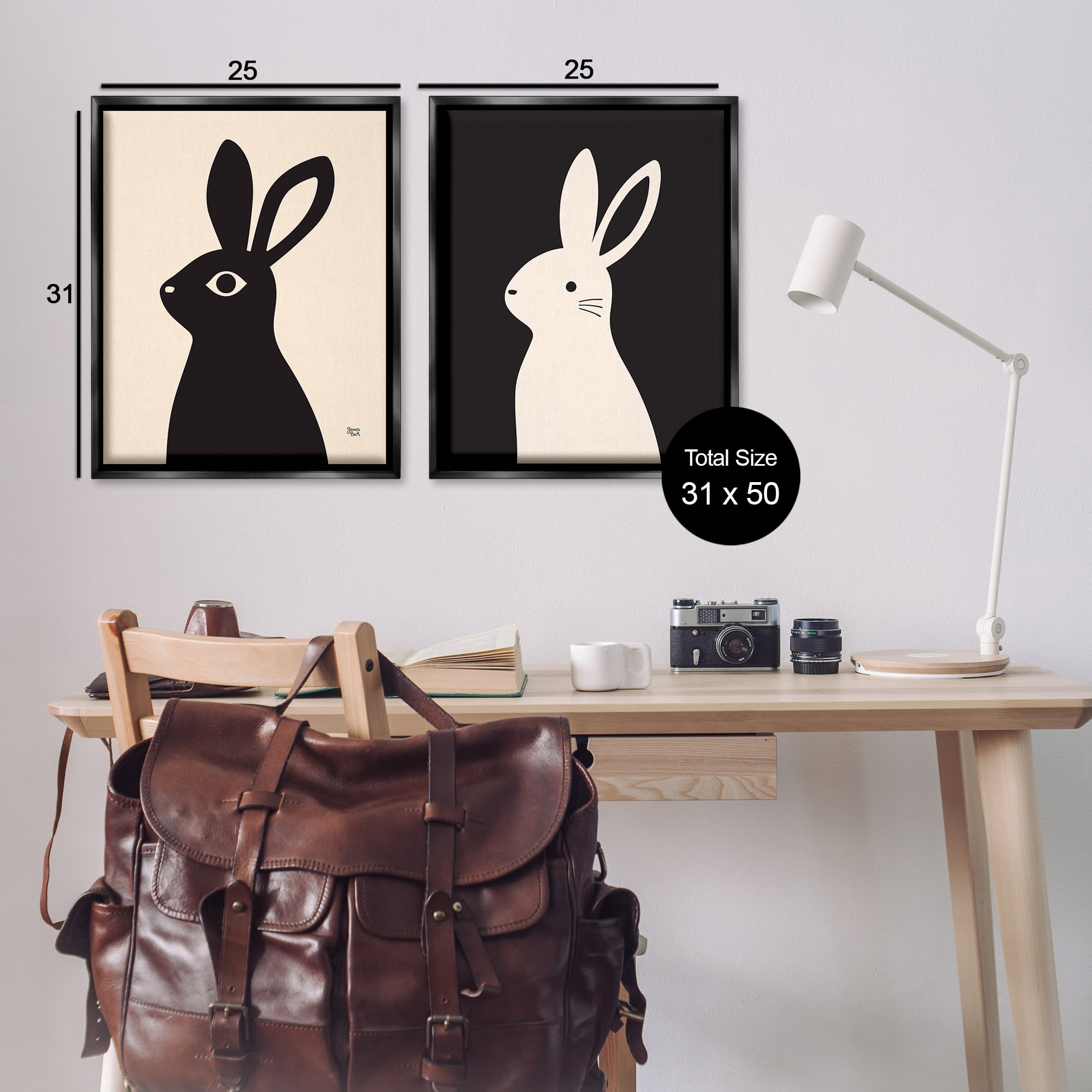Stupell Industries Cream & Black Rabbits Animals Painting Black Floater Framed Canvas Art Print Wall Art, 31 x 25, Set of 2