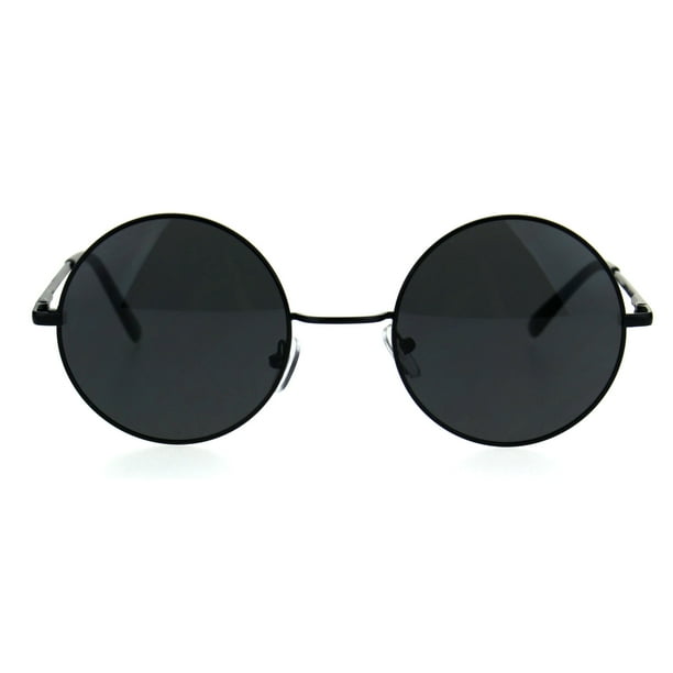 SA106 Mens All Black Round Circle Lens Hippie Groovy Metal Rim Sunglasses