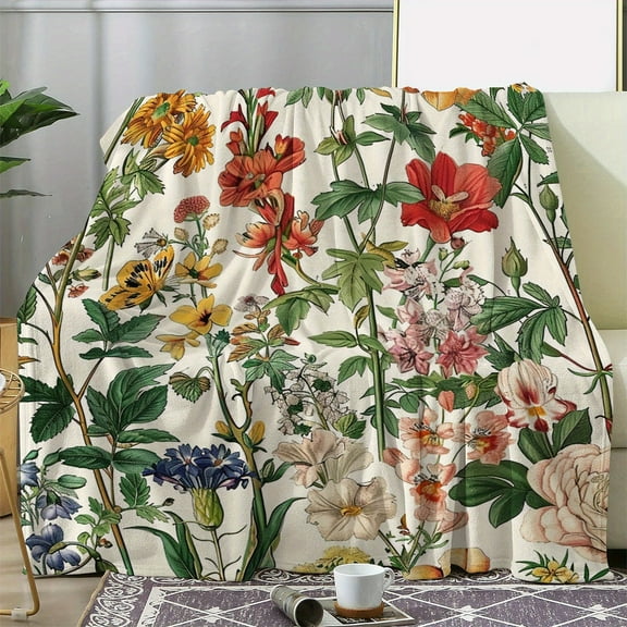 1pc Vintage Floral Print Flannel Blanket – Soft, Cozy, All-Season Throw for Sofa, Bed, Car, Office, Camping & Travel, Warm Comfort with Mixed Colors and Green Leaf Design