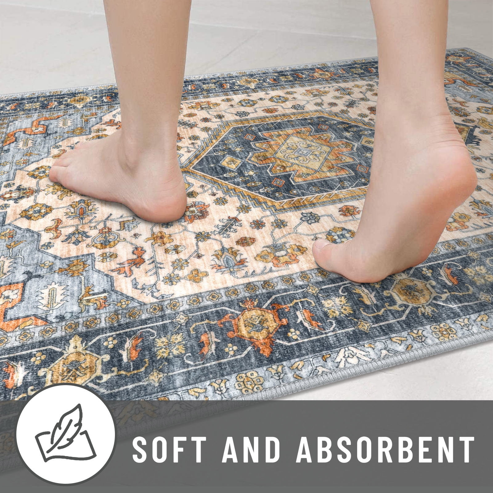 GLATTICE Washable Rugs 3x5 Ivory Blue Area Rugs Vintage Floral Rug for Living Room Non-Slip Kitchen Rugs Soft Printed Distressed Entry Rug Low-Pile Throw Rug Carpet for Entryway Bedroom