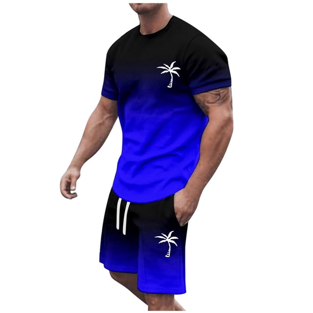 Liyamei Men's Summer Tracksuit Plus Size Short Sleeve O Neck Athletic Suit Casual Color Block Drawstring Waist Tracksuit Set