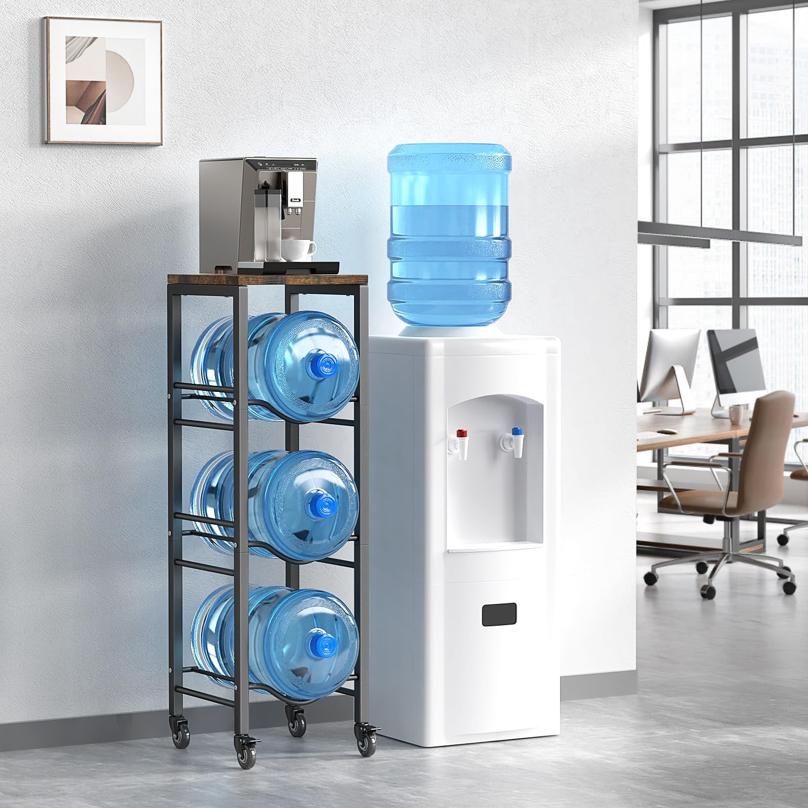 Housolution 3-Tier 5 Gallon Water Jug Holder with Storage Shelve, 5 Gallon Water Jug Rack with Lockable Wheels, 5 Gallon Water Bottle Holder, Water Jug Stand for Kitchen Office Living Room, Brown