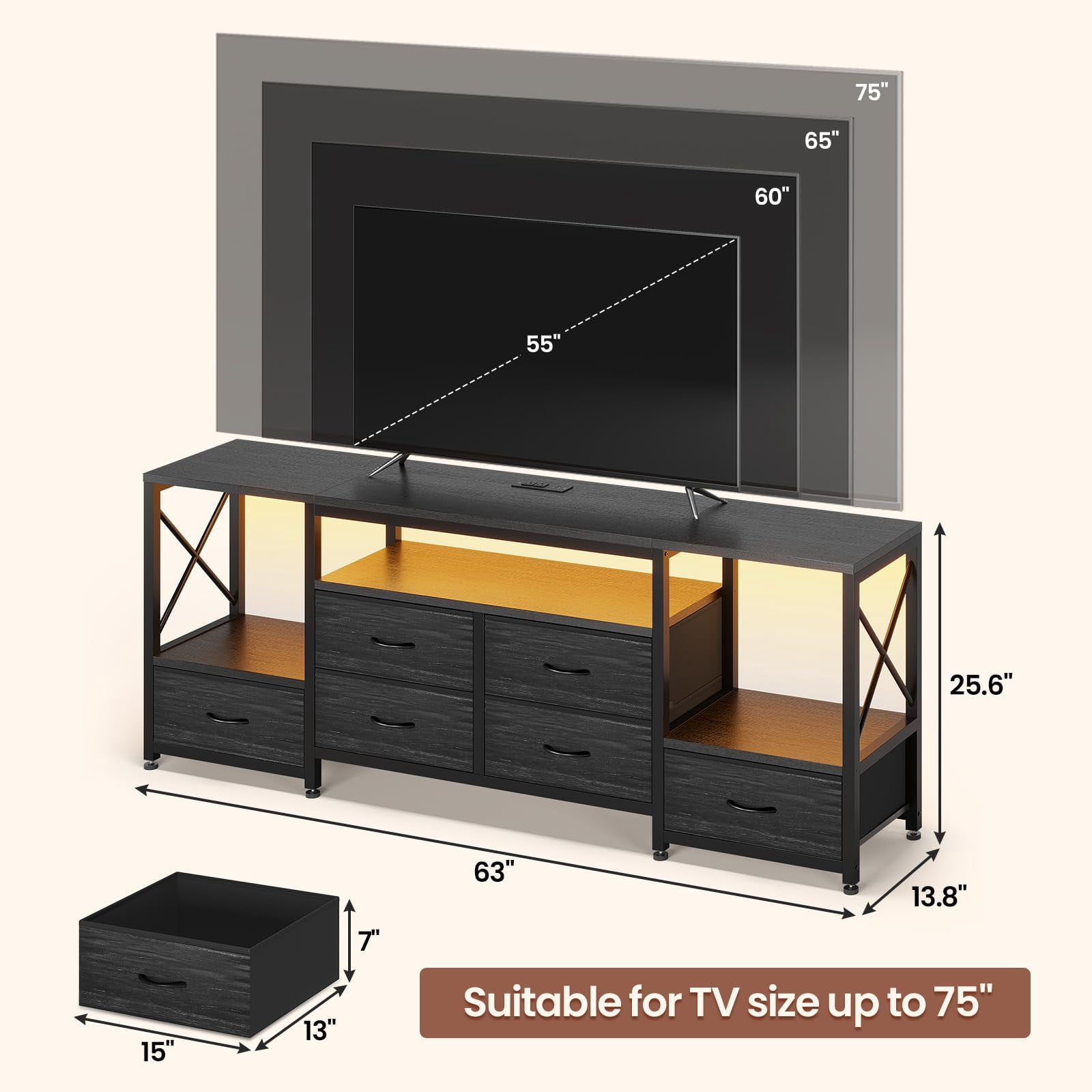 LED TV Stand for 75 Inch TV, Entertainment Center with LED Light & Power Outlets,63" TV Stand with 6 Fabric Drawers for Bedroom,Charcoal Black