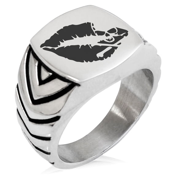 Stainless Steel Skull & Crossbones Kiss of Death Chevron Pattern Biker Style Polished Ring