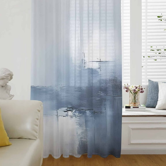 Blue Ombre Semi Sheer Curtains Drapes for Living Room, Bedroom, French Doors Window 63 Inches Long, Modern Geometric Abstract Artwork Rod Pocket Chiffon Curtain Drapery Voile Draperies Panel