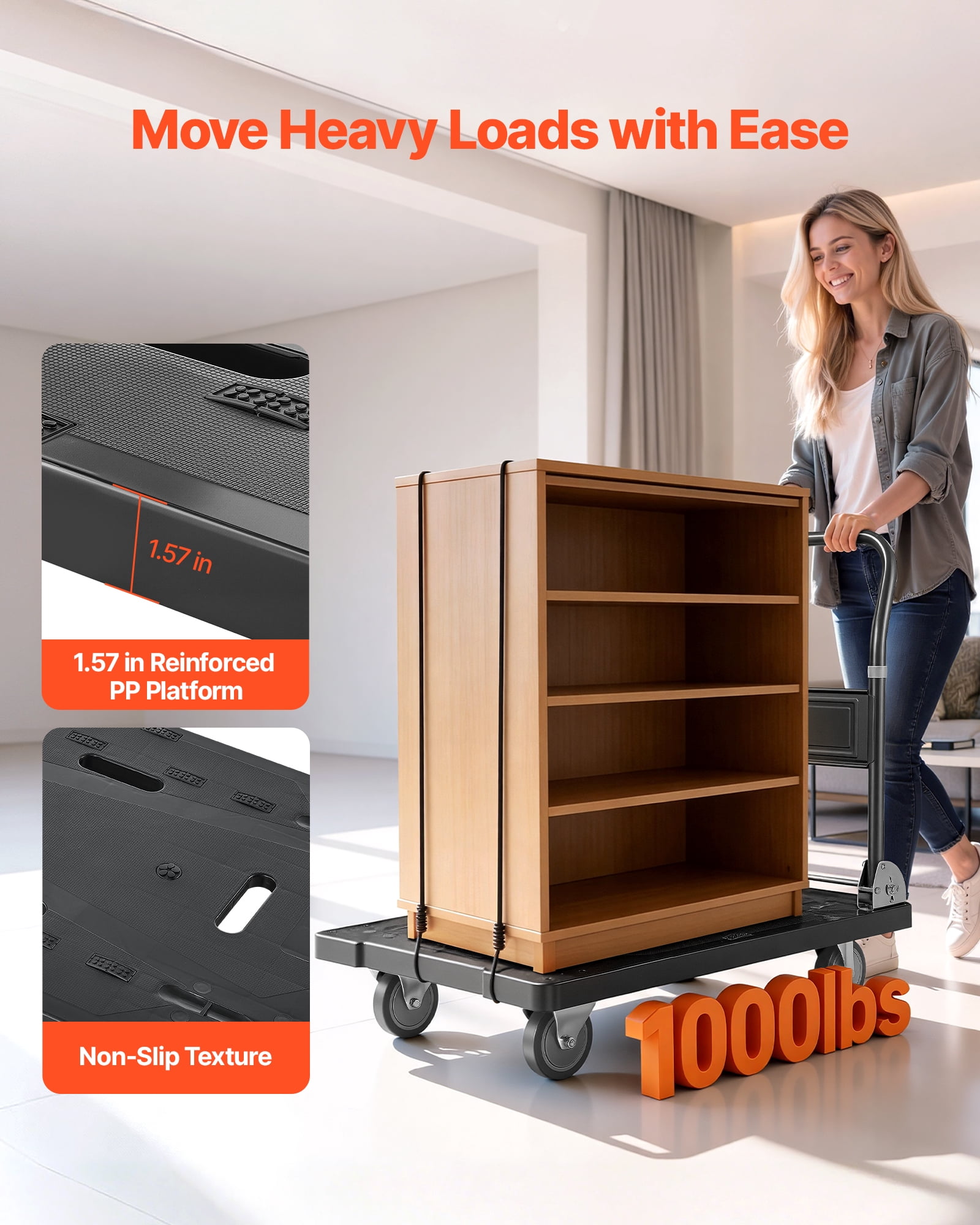VEVOR Foldable Push Cart Dolly, 1000 lbs Capacity, Folding Platform Truck with Swivel Wheels, Moving Platform Hand Truck Flatbed Cart, Space Saving Push Handle, for Easy Storage,35.2 x 23.4 x 33.5 in