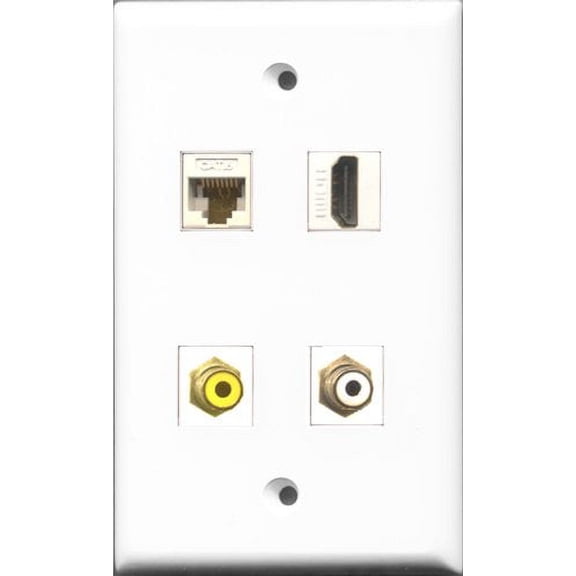 RiteAV 1 Port HDMI and 1 Port RCA White and 1 Port RCA Yellow and 1 Port Cat6 Ethernet White Wall Plate