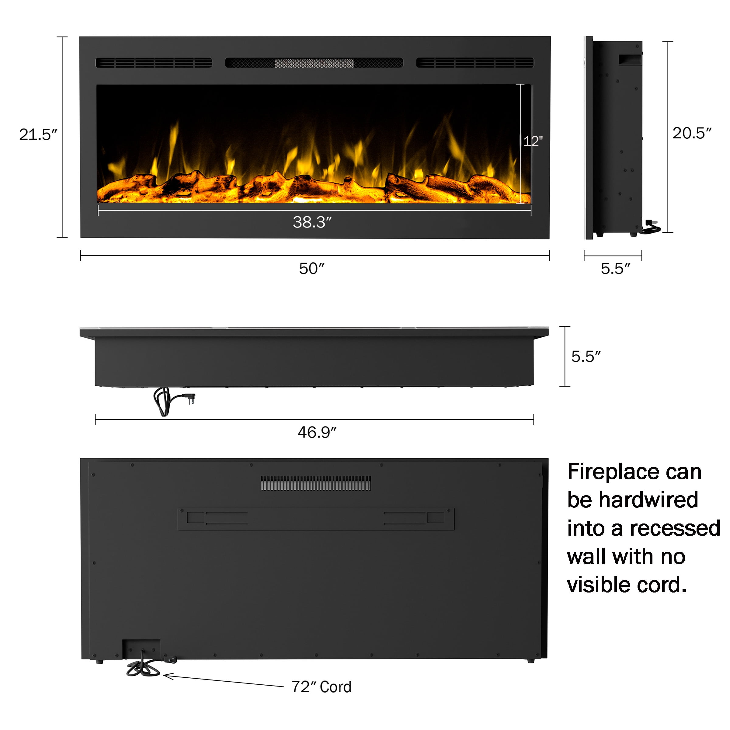 Somerset Home 50” Wall Mount Electric Fireplace, Black