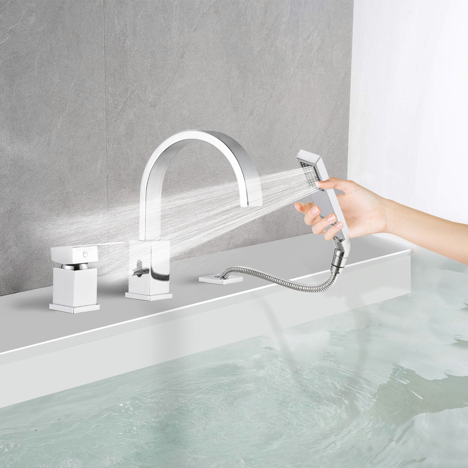Waterfall Bathtub Faucet with Sprayer, 3-Hole Roman Tub Filler with Hand Shower Deck Mount Waterfall Tub Spout Set