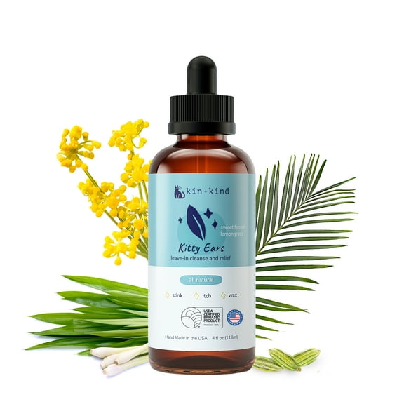 kin kind Cat Ear Cleaner - Cat Ear Drops, Vet Ear Solution, Eliminates Wax, Odor and Itchy Irritation, Cat Ear Cleaner Solution, Natural in-Home Pet Grooming - Made in USA