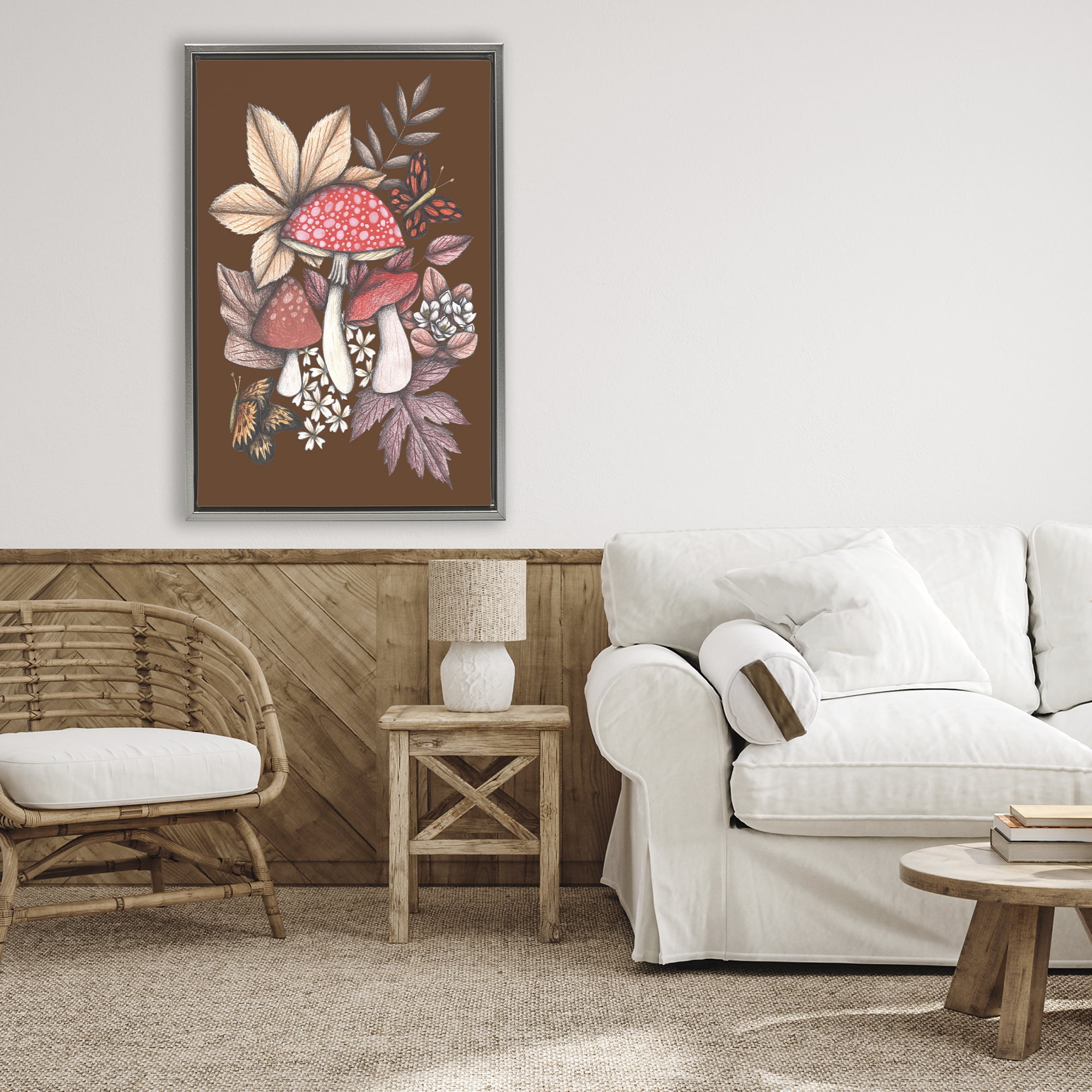 Autumnal Mushrooms Magic Gray Framed Floater Canvas Wall Art, design by Cecilia Battaini
