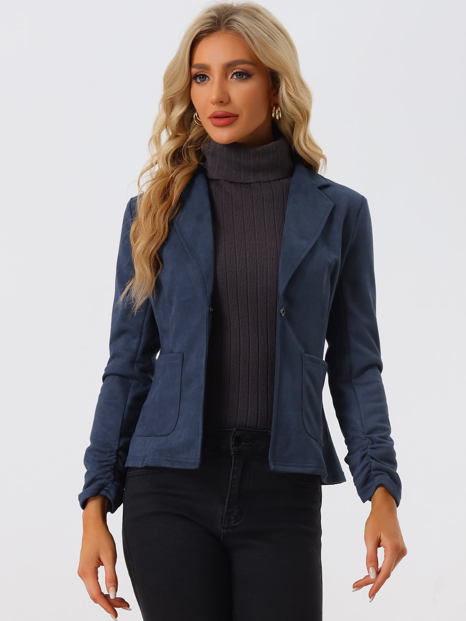 DARING DIVA Women's Long Sleeve Open Front Faux Suede Blazer XS Dark Blue