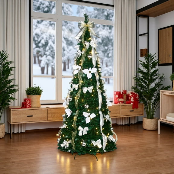 6FT Pop-Up Christmas Tree, Pre-Lit with 200 Clear LED Lights, Pre-Decorated with White Bows and Shiny Ornaments for a Frosty Holiday Look