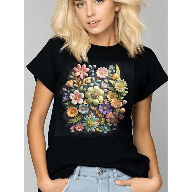 Camiseta De Verano Para Mujer, Moda Informal, Ropa Cómoda, Camisetas De Manga Corta MFlower Patterned Printed T-Shirt, Summer Short Sleeved Round Neck Top, Comfortable And Versatile ForCamisetas de