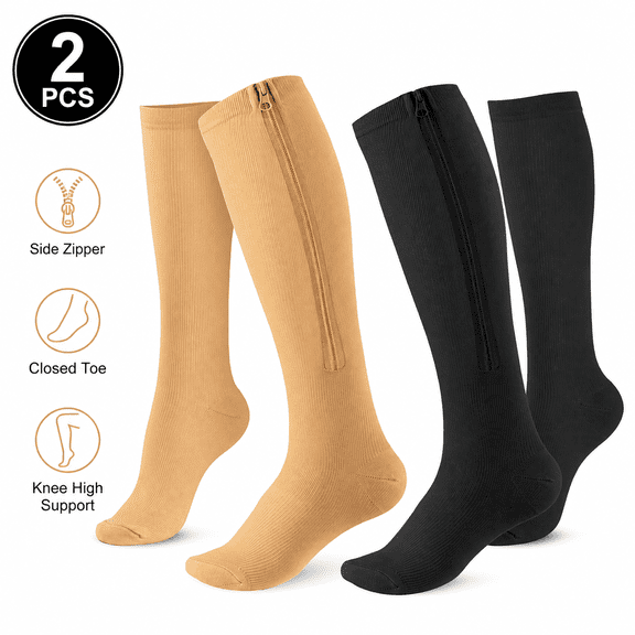 2 Pairs Zipper Compression Socks, Closed Toe Knee High Athletic Support for Running, Hiking, Traveling, L Size