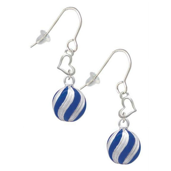Silvertone 3-D Blue and Striped Ornament Heart French Earrings