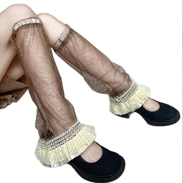 Calcetines hasta la pantorrilla de encaje, calcetín hasta la rodilla con rosa dorada de Lolita, medias holgadas hasta el muslo