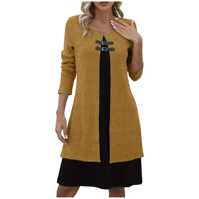 Yuyuzo Chandails pour Femmes 2 en 1 Robe à Manches Longues Col Rond Chandail Tunique à Blocs de Couleur