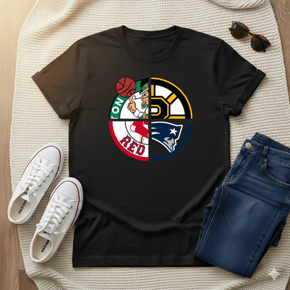 Boston Sports Teams Fan Mashup Sticker Style Graphic Art Unisex T-Shirt, up to Size 5XL