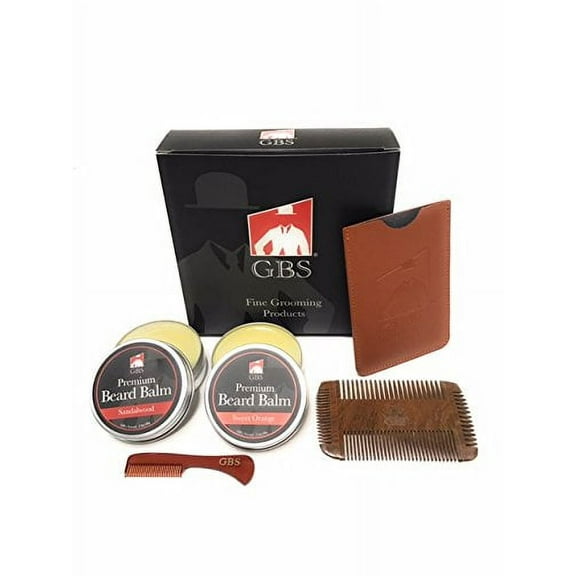 GBS Beard Balm Gift Set- Sweet Orange & Sandalwood Beard Balms with Mustache comb & 4 sided Sandalwood Beard Comb (protective case included)