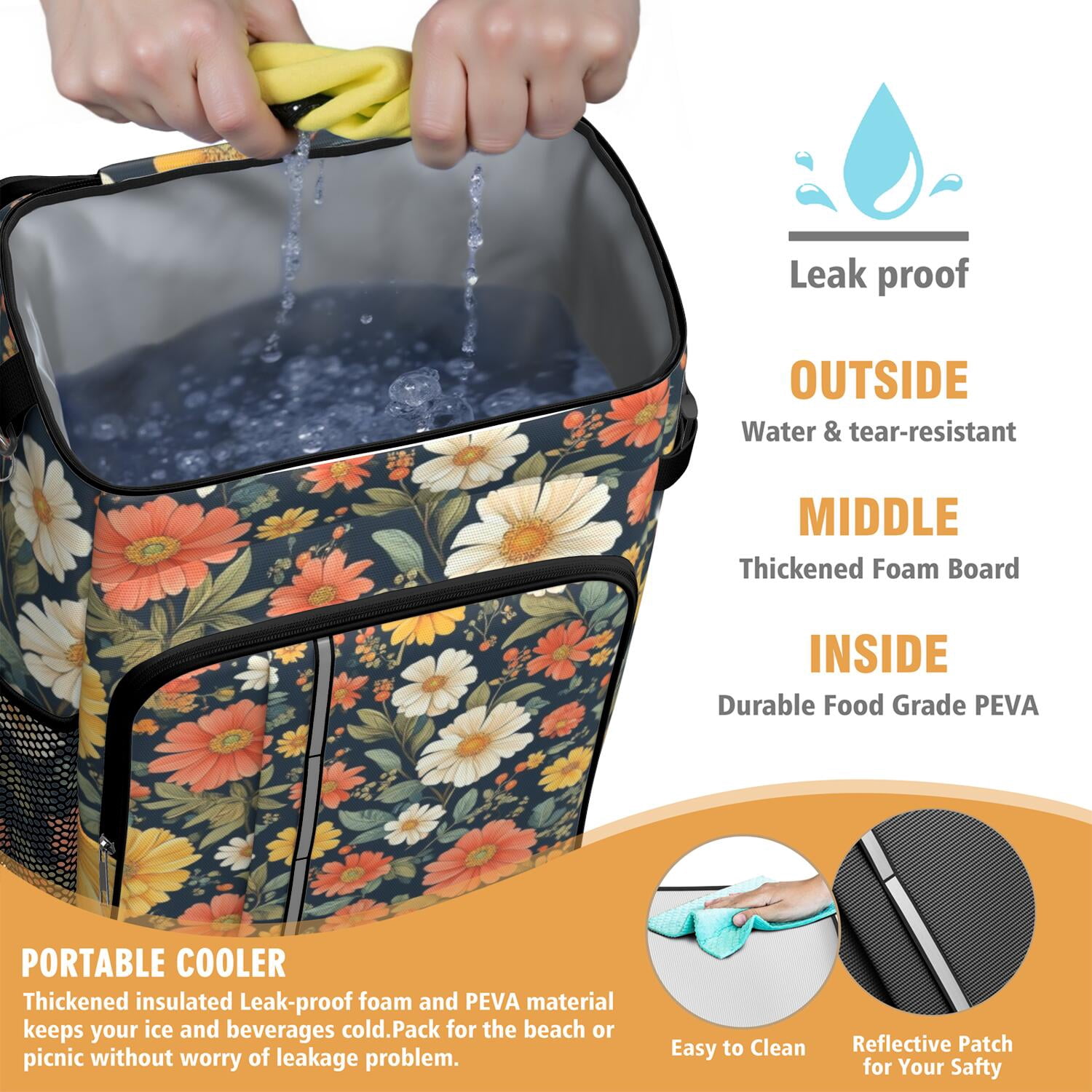 Travel Cooler Bag - Pioneer Flower Floral Print Pattern Camping Beer Cooler Backpack with Bottle Opener- Waterproof Insulated Picnic Backpacks - Cooler Bag for Beach