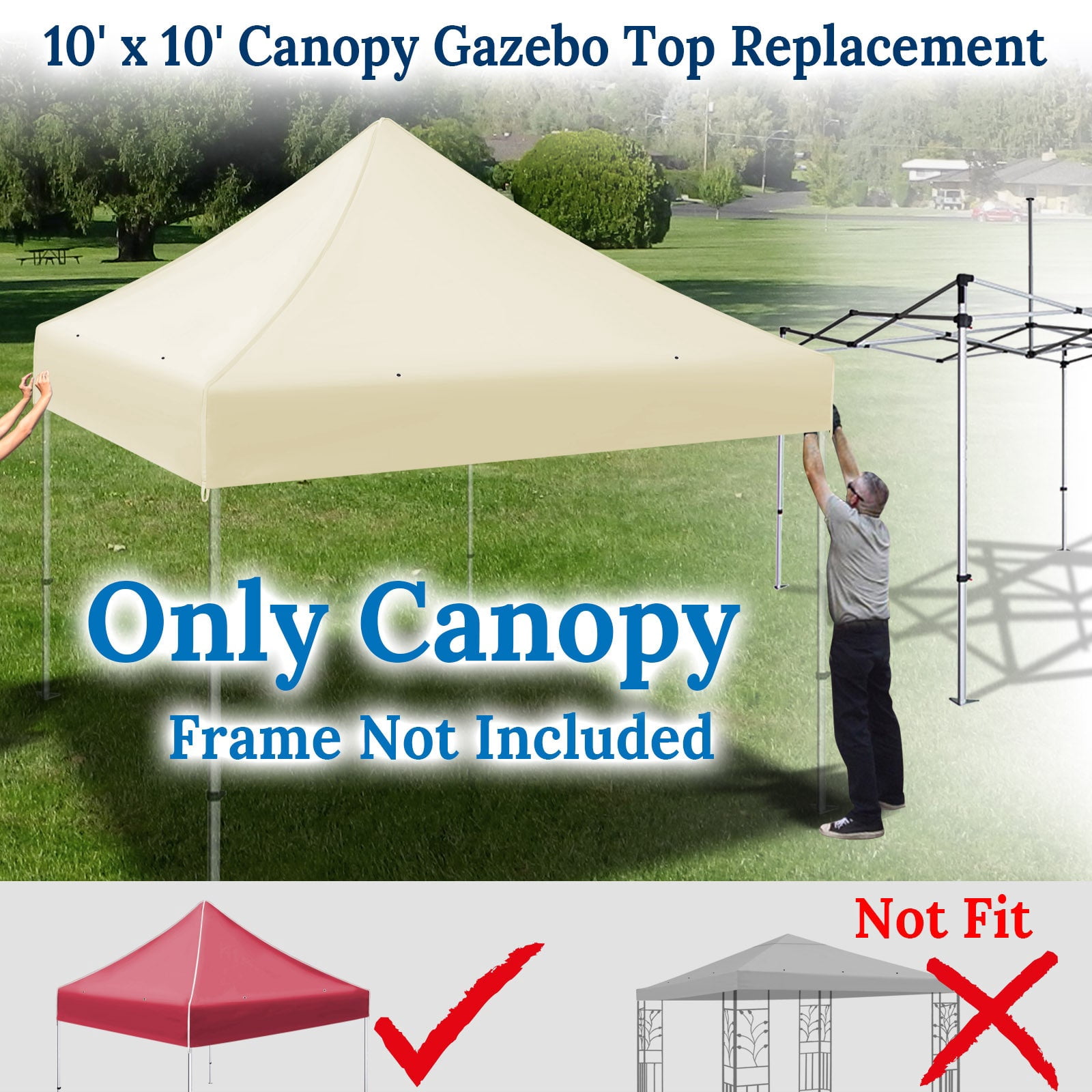 SUNNYOUTDOOR 10'x10' Canopy Replacement Top Cover for Pop Up Canopy Folding Tent Gazebo Sunshade Cover, Canopy ONLY (Ecru)