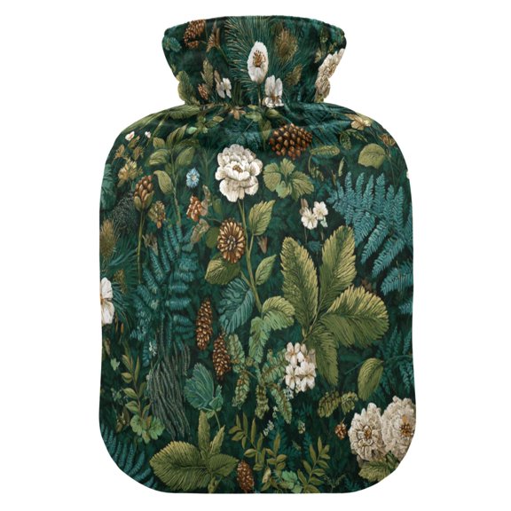 2L Hot Water Bottle with Soft Velvet Cover PVC Hot Water Bag for Pain Relief Long-Lasting Warmth Pine Cones and Mossy Ferns