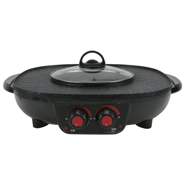 Shisuyan Double Control Roasting Pot Electric Barbecue Hotpot Oven Grill Teppanyaki Smokeless Hot Pot Machine BBQ Black Pot with Triangle Plug