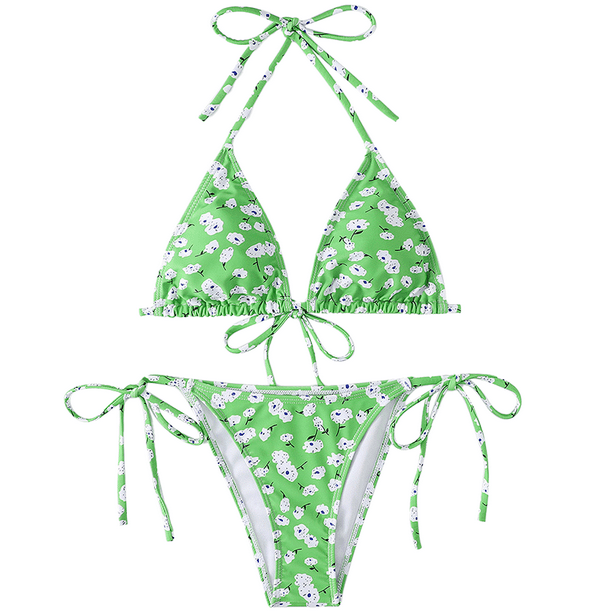 Traje de baño de bikini triangular de dos piezas con parte superior acolchada y lazos laterales para mujer