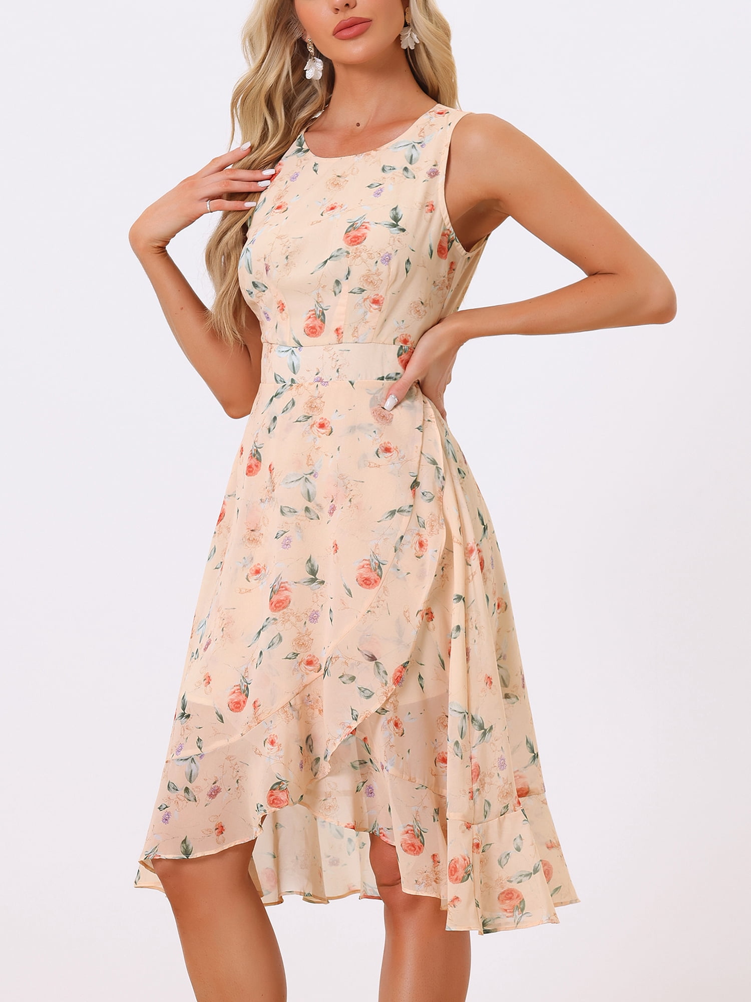 DARING DIVA Women's Summer Wrap Round Neck Keyhole Back Dresses XS Apricot