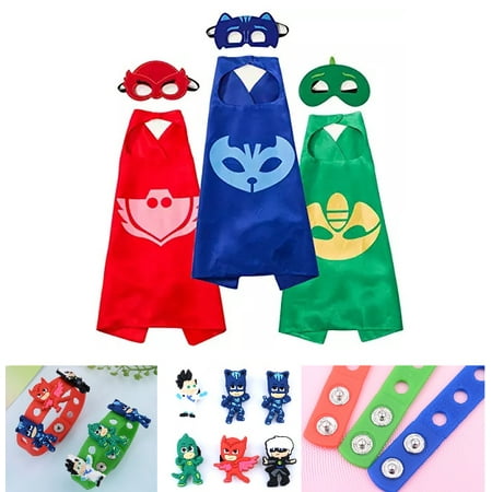 Party Pretend Dress Up for PJ Masks Costumes - 3 Mask, 3 Capes and 3 Bracelets for Catboy Owlette Gekko