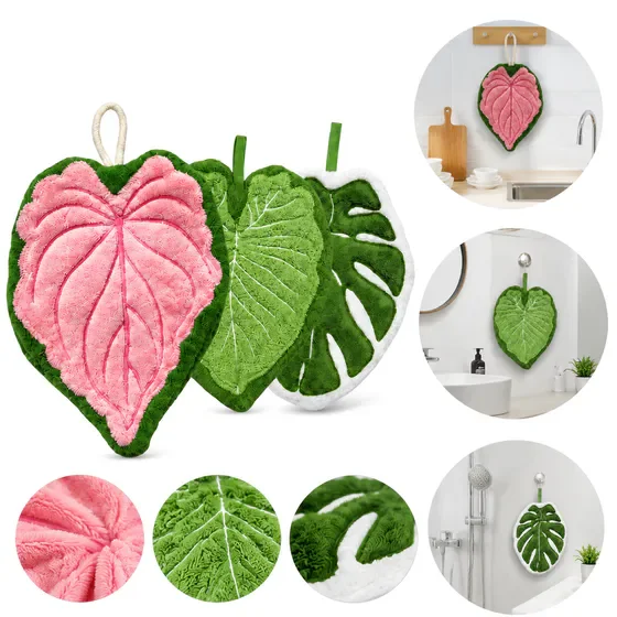 Leaf‑Shaped Coral Fleece Hand Towels 3‑Pack, Absorbent Quick‑Dry Decorative Towels, Green Pink White Set for Kitchen Bathroom Living Room